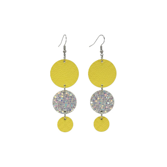 Canary Yellow Iridescent Triple Circle Leather Earrings