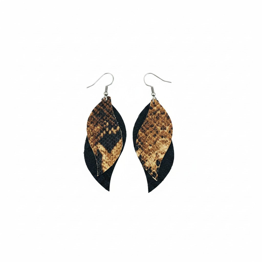 Black and Latte Snake Layered Leather Earrings