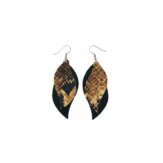 Black and Latte Snake Layered Leather Earrings