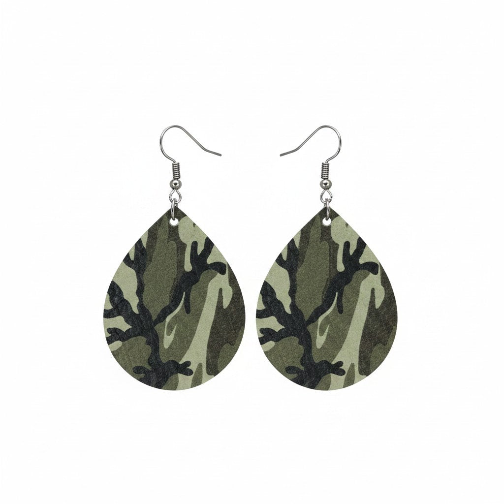 Fern Green Camo Teardrop Leather Earrings