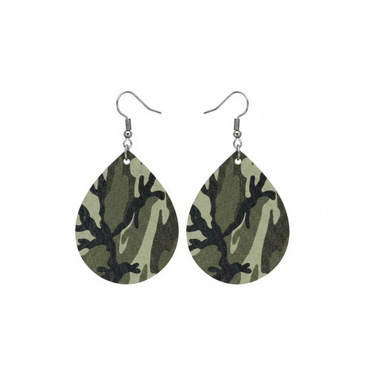 Fern Green Camo Teardrop Leather Earrings