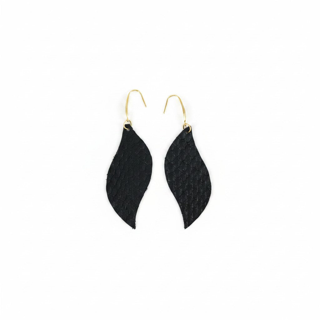 Matte Black Snake Leather Leaf Earrings