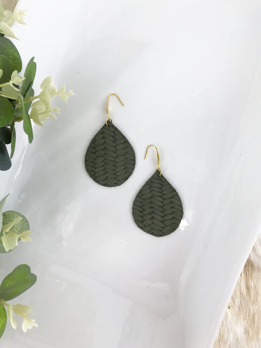Olive Green Braided Fishtail Leather Earrings - E19-1194