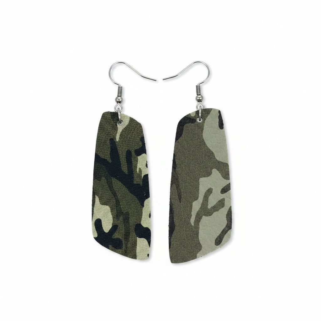 Fern Green Mini Camo Angled Bar Leather Earrings
