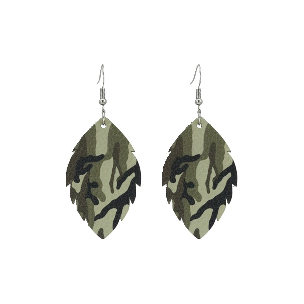 Fern Green Camo Scalloped Leaf Leather Earrings