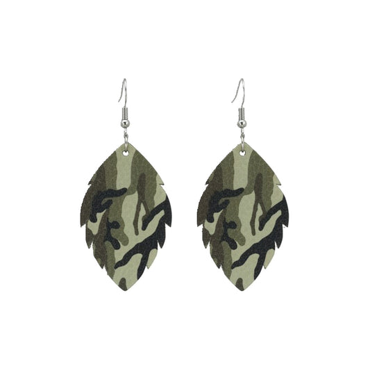 Fern Green Camo Scalloped Leaf Leather Earrings
