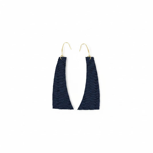 Blue Italian Fishtail Curved Bar Leather Earrings