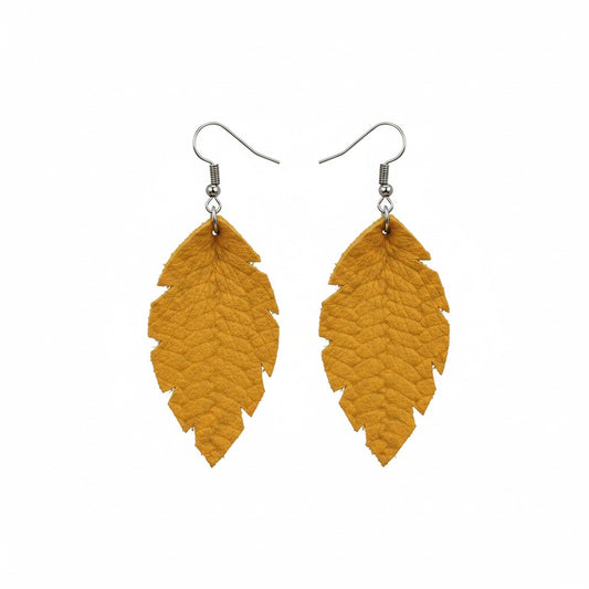 Mustard Fishtail Scalloped Leaf Leather Earrings