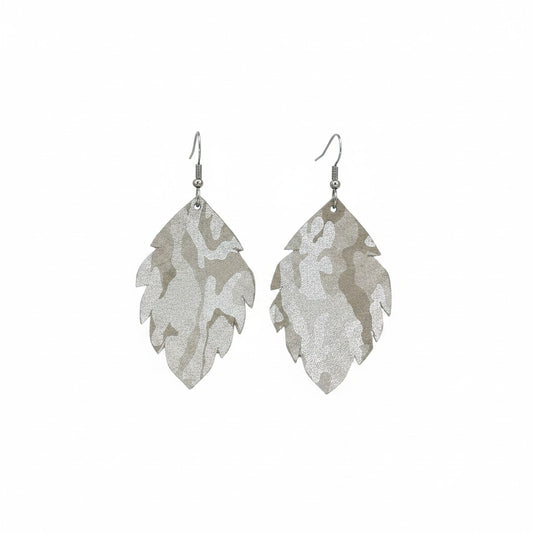 Silver Gray Camo Scalloped Leaf Leather Earrings