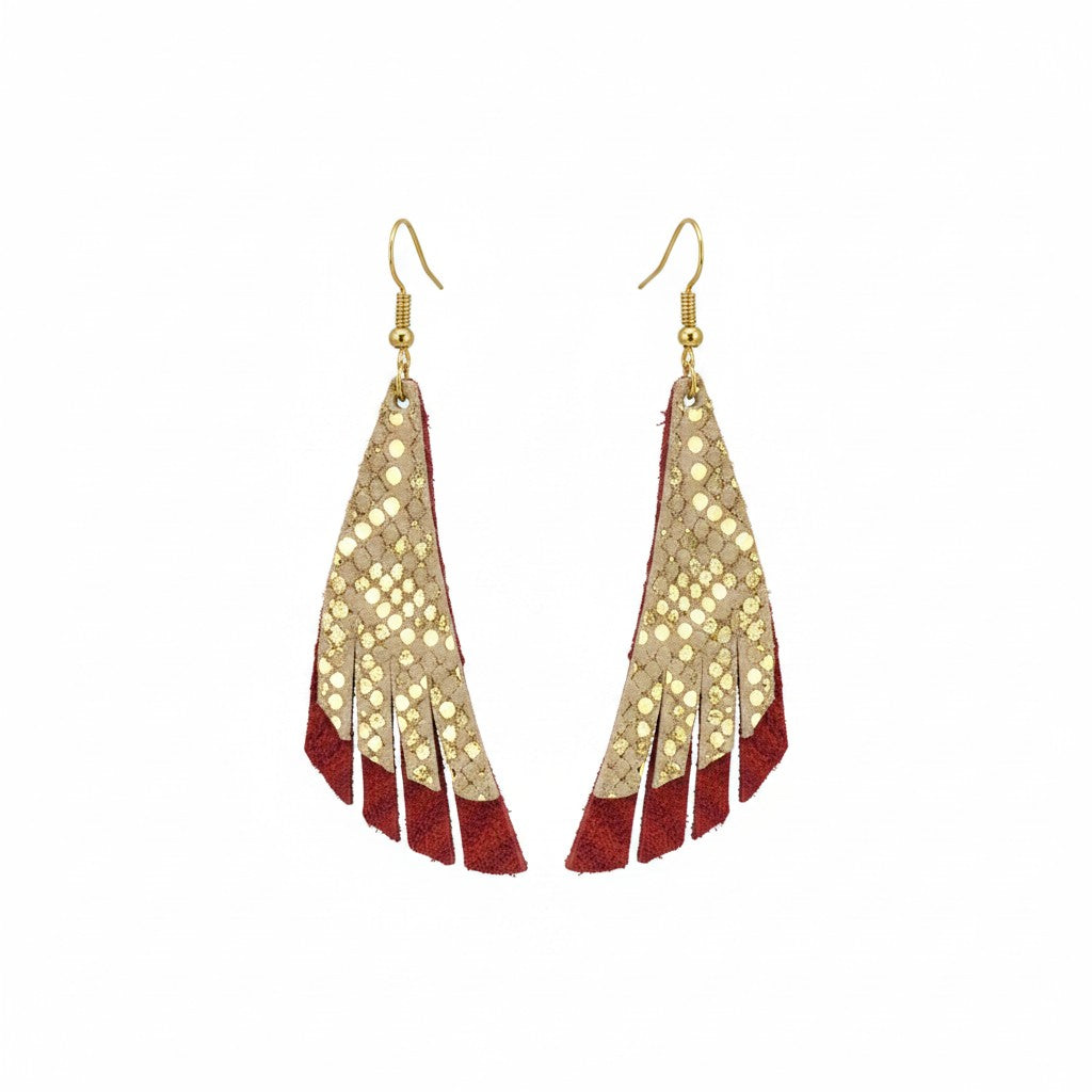 Red Suede Mystic Gold Fringe Leather Earrings