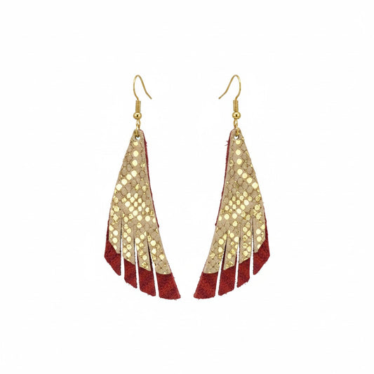 Red Suede Mystic Gold Fringe Leather Earrings