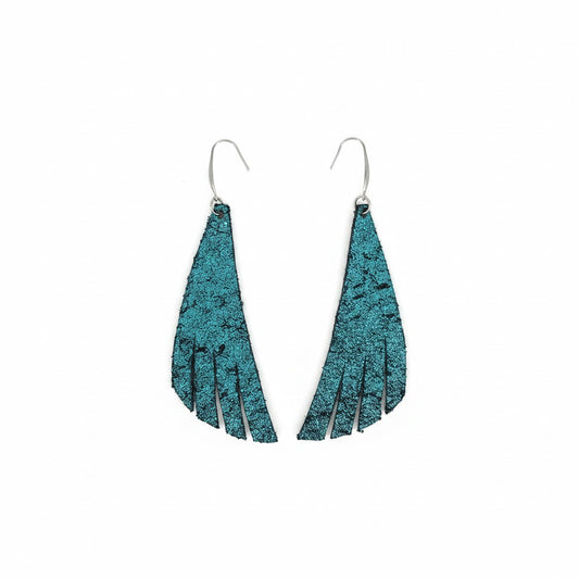 Turquoise Crackle Fringe-Cut Leather Earrings