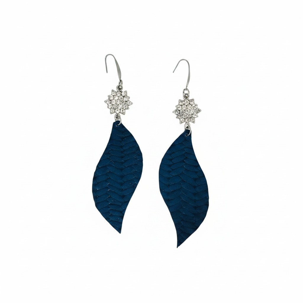 Blue Italian Fishtail Rhinestone Leaf Leather Earrings