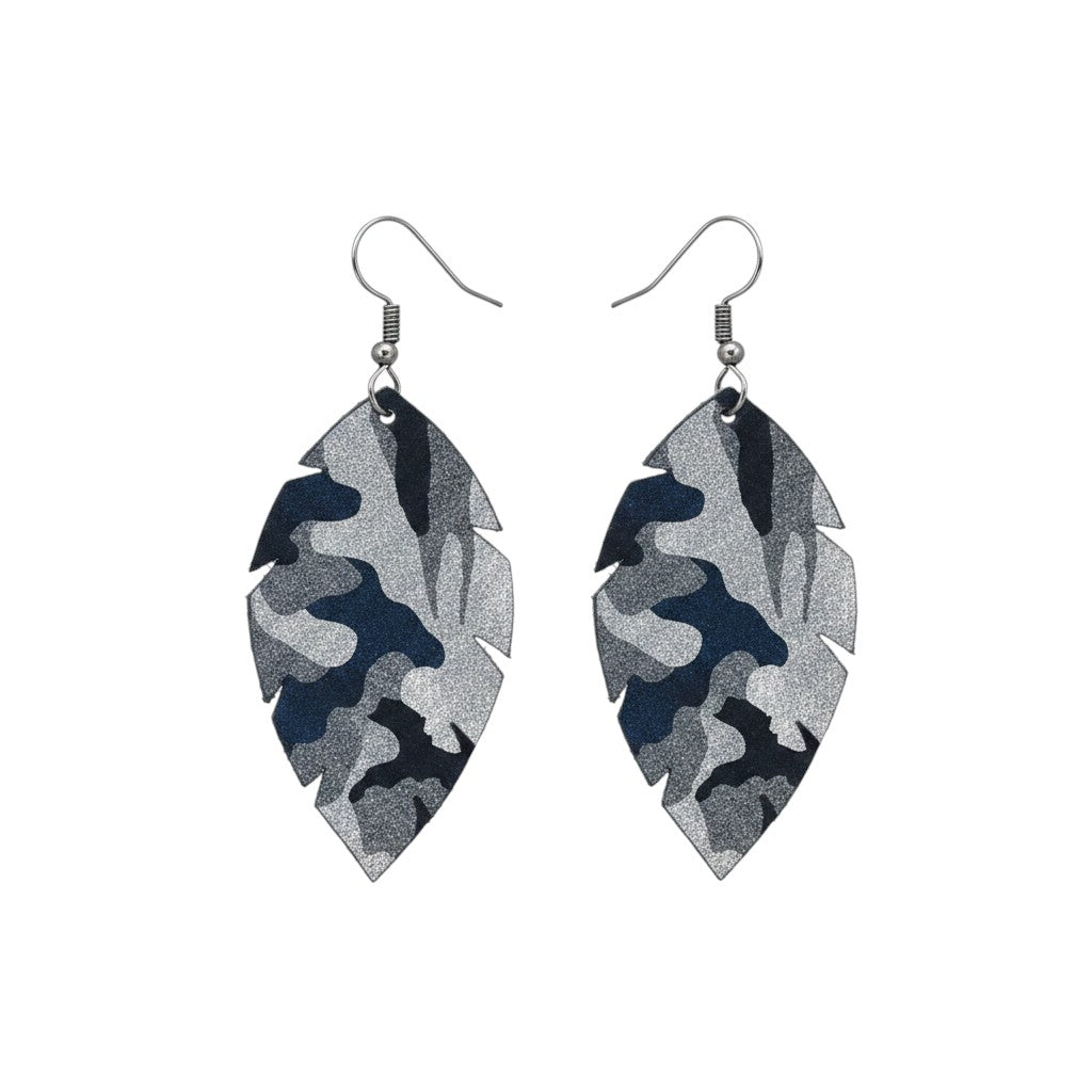 Navy Metallic Camo Scalloped Leaf Leather Earrings