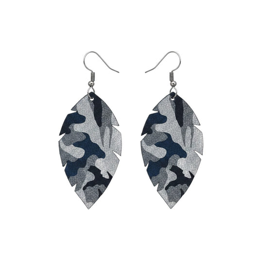 Navy Metallic Camo Scalloped Leaf Leather Earrings