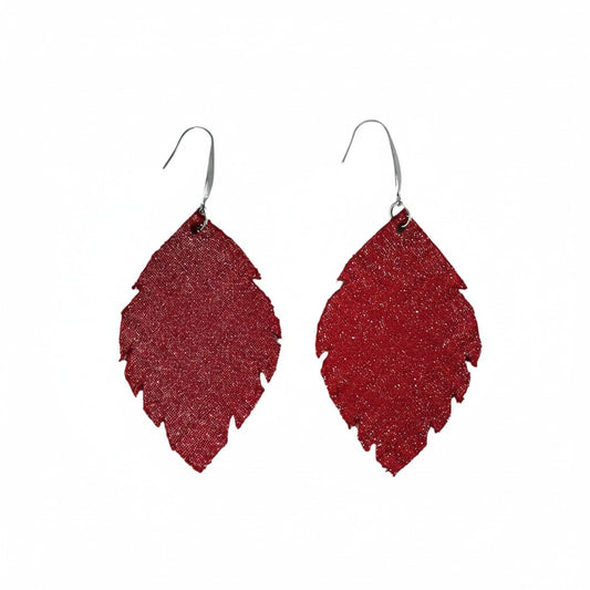 Crimson Dazzle Scalloped Leaf Leather Earrings