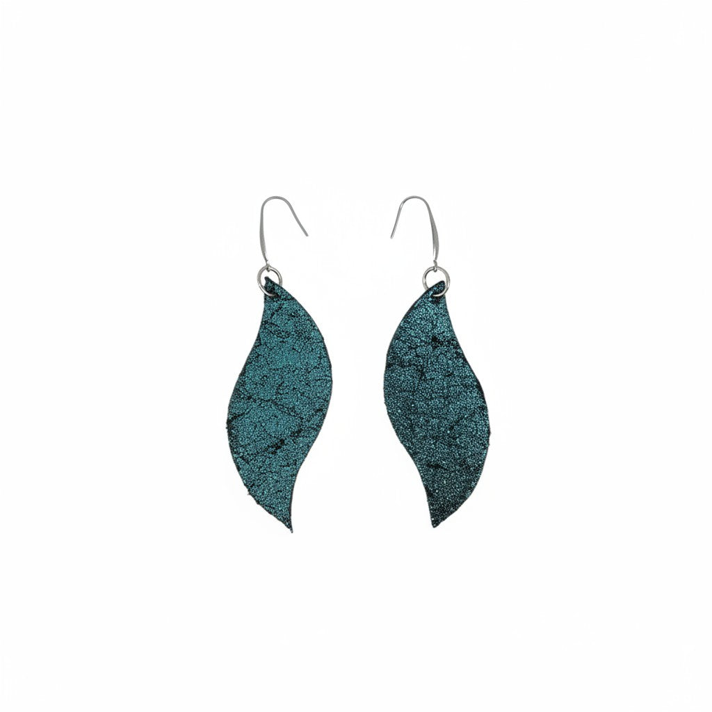 Turquoise Crackle Curved Leaf Leather Earrings