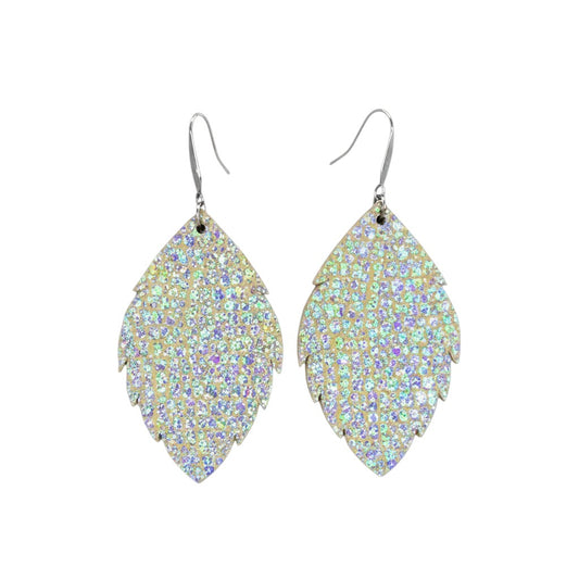 Silver Halo Iridescent Scalloped Leaf Leather Earrings
