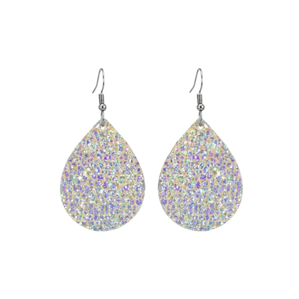 Silver Halo Iridescent Teardrop Leather Earrings