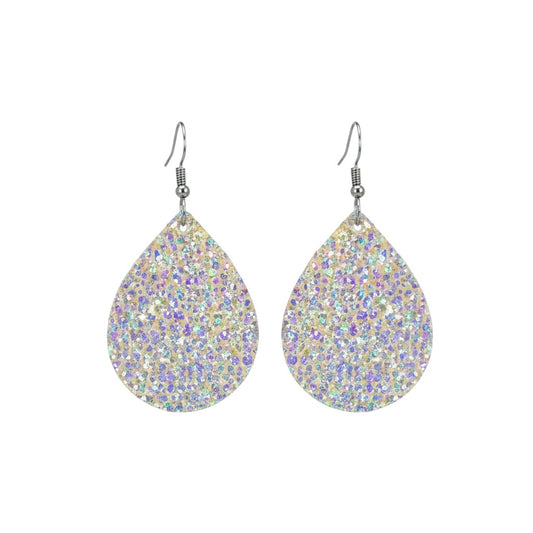 Silver Halo Iridescent Teardrop Leather Earrings