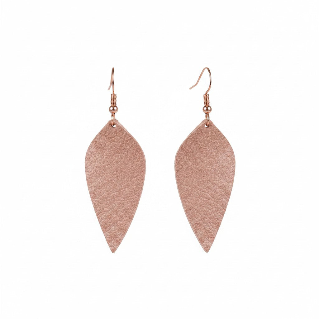 Rose Gold Slim Leaf Leather Earrings