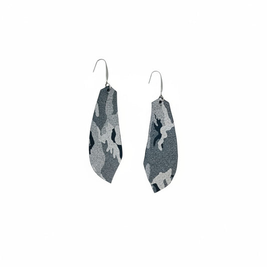 Navy Metallic Camo Angled Bar Leather Earrings