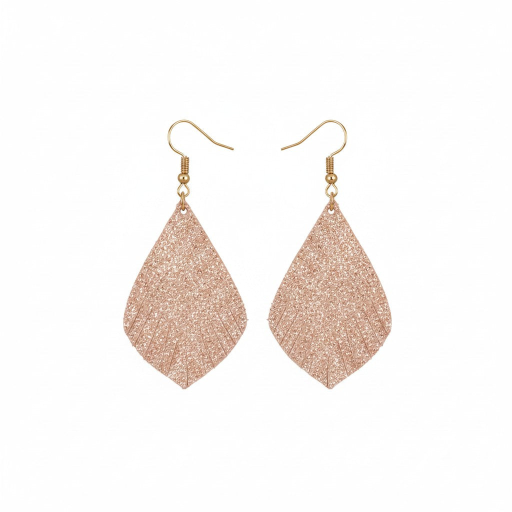 Vintage Crackle Rose Gold Fringe Leaf Leather Earrings