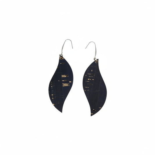 Navy Cork Curved Leaf Leather Earrings