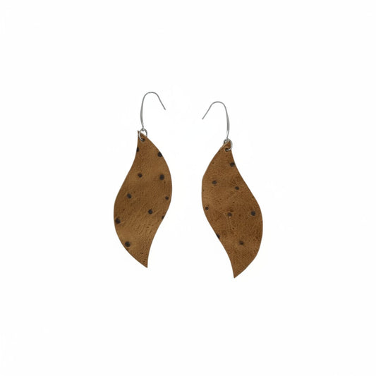 Pecan Rustic Ostrich Curved Leaf Leather Earrings