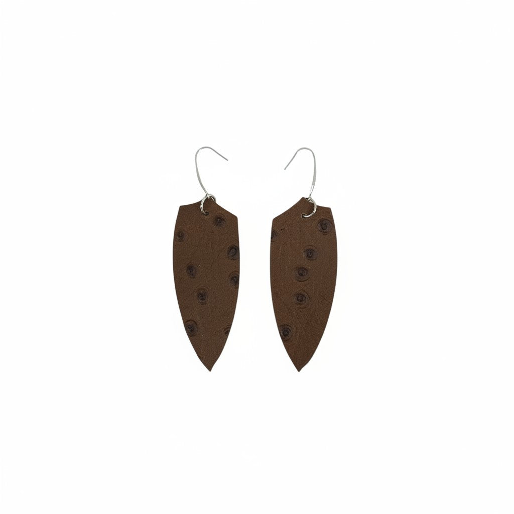 Dirty Brown Ostrich Angled Leaf Leather Earrings