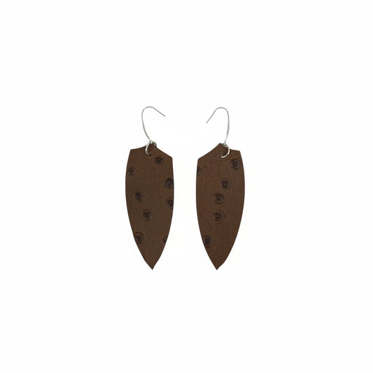 Dirty Brown Ostrich Angled Leaf Leather Earrings
