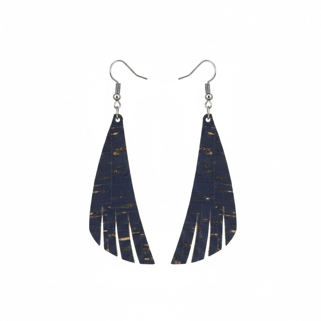 Navy Cork Fringe Leather Earrings