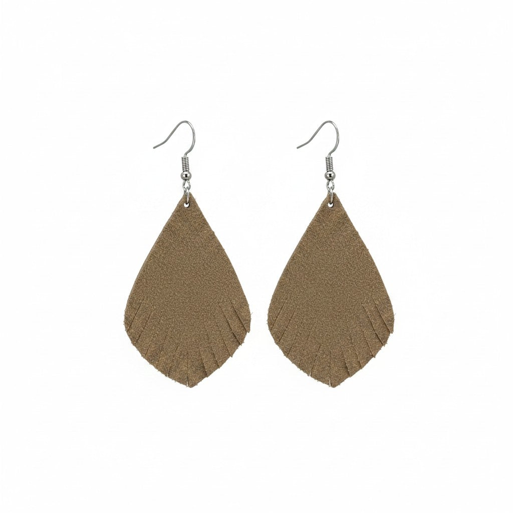 Sandy Brown Suede Fringe Teardrop Leather Earrings