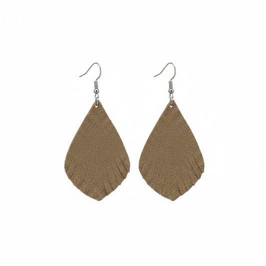 Sandy Brown Suede Fringe Teardrop Leather Earrings