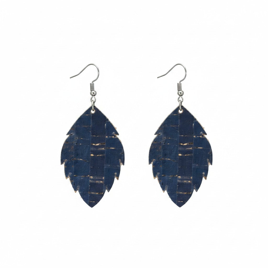 Navy Cork Scalloped Leaf Leather Earrings