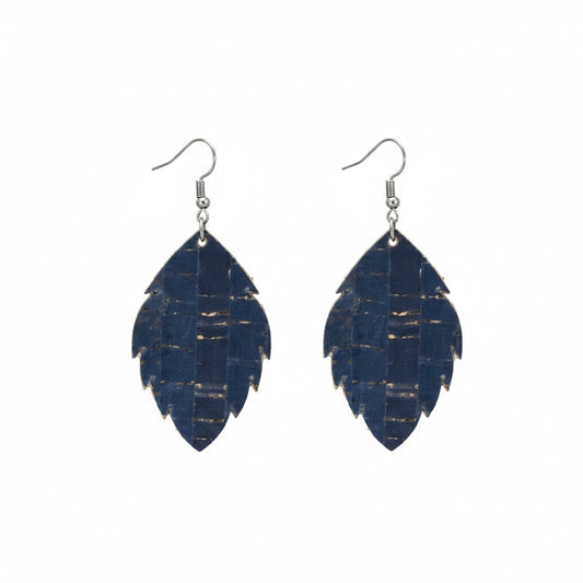 Navy Cork Scalloped Leaf Leather Earrings