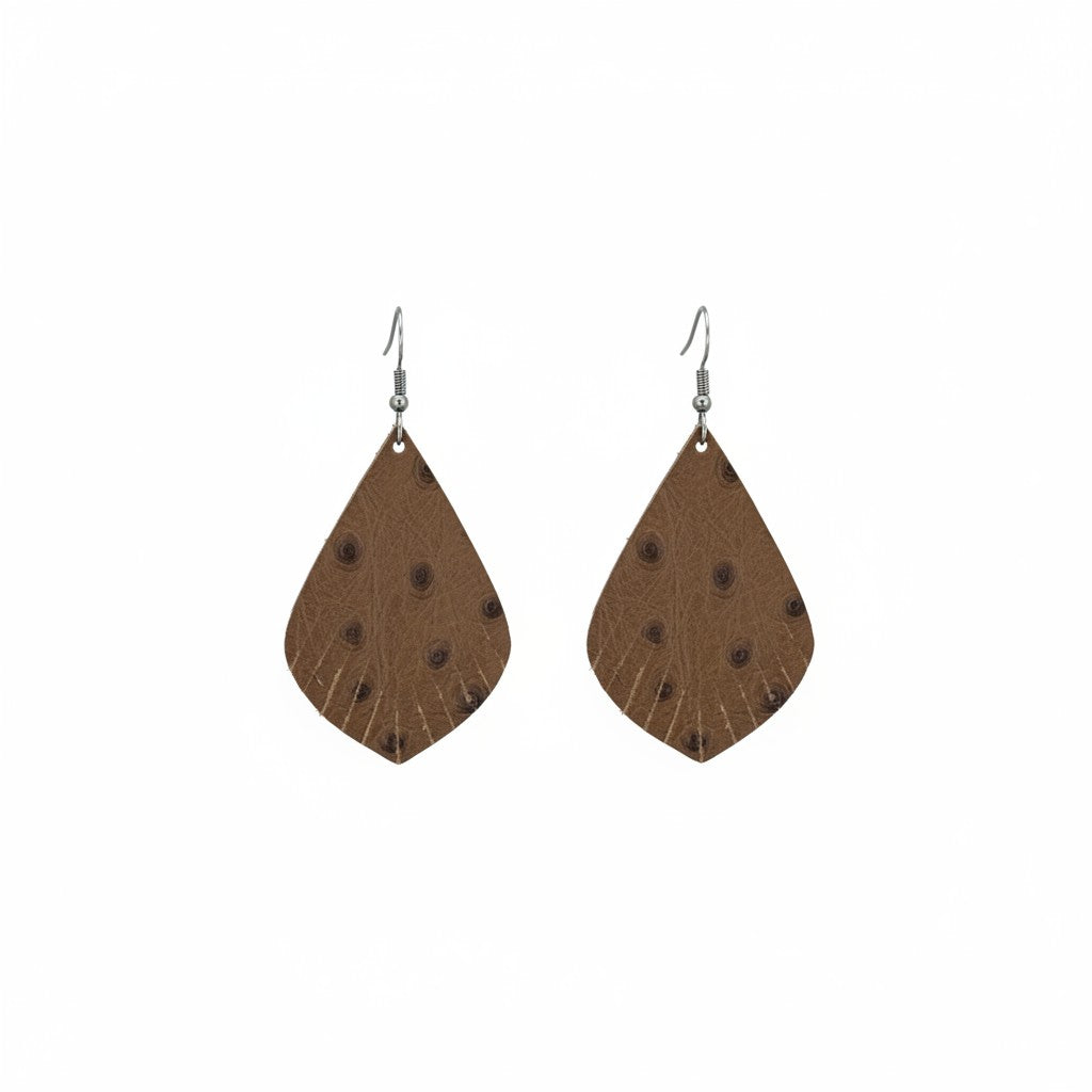 Dirty Brown Ostrich Embossed Teardrop Leather Earrings