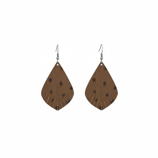 Dirty Brown Ostrich Embossed Teardrop Leather Earrings