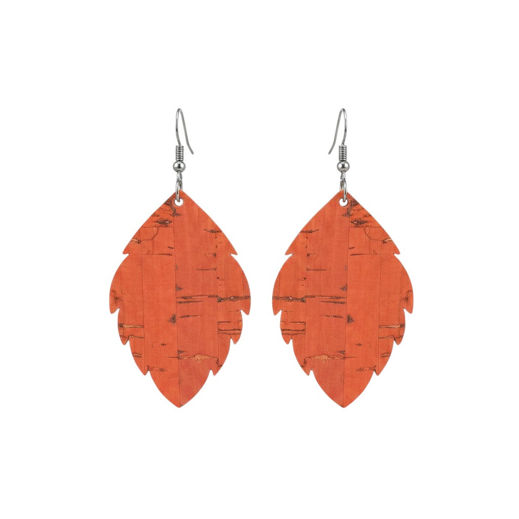 Salmon Cork Scalloped Leaf Leather Earrings