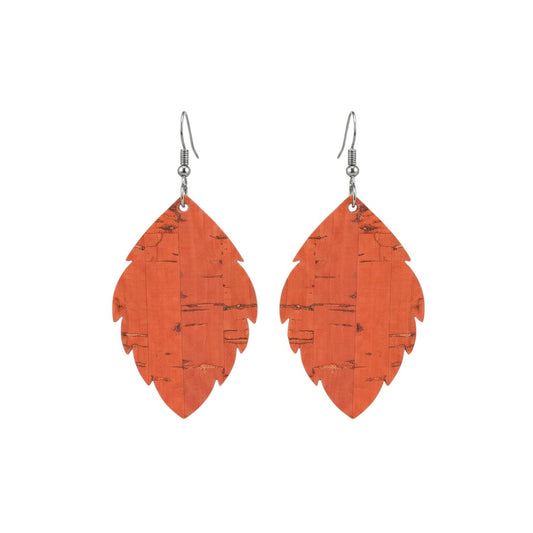 Salmon Cork Scalloped Leaf Leather Earrings