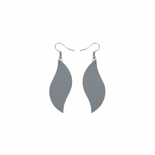 Neutral Gray Saffiano Curved Leaf Leather Earrings