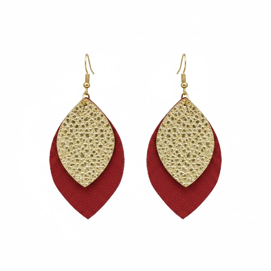 Pebbled Gold Over Red Suede Layered Leaf Leather Earrings