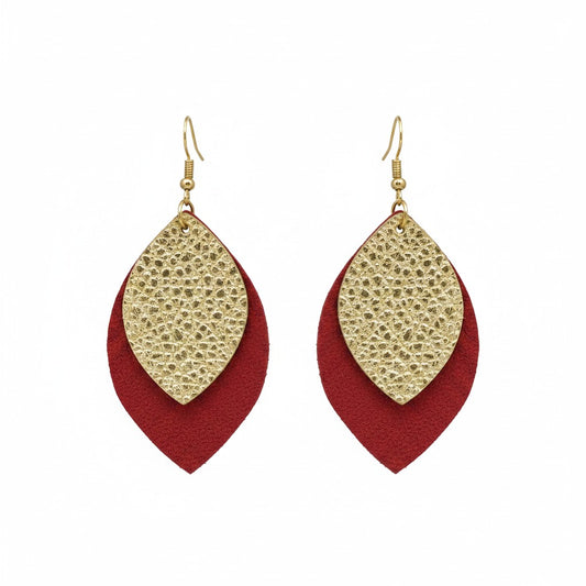 Pebbled Gold Over Red Suede Layered Leaf Leather Earrings