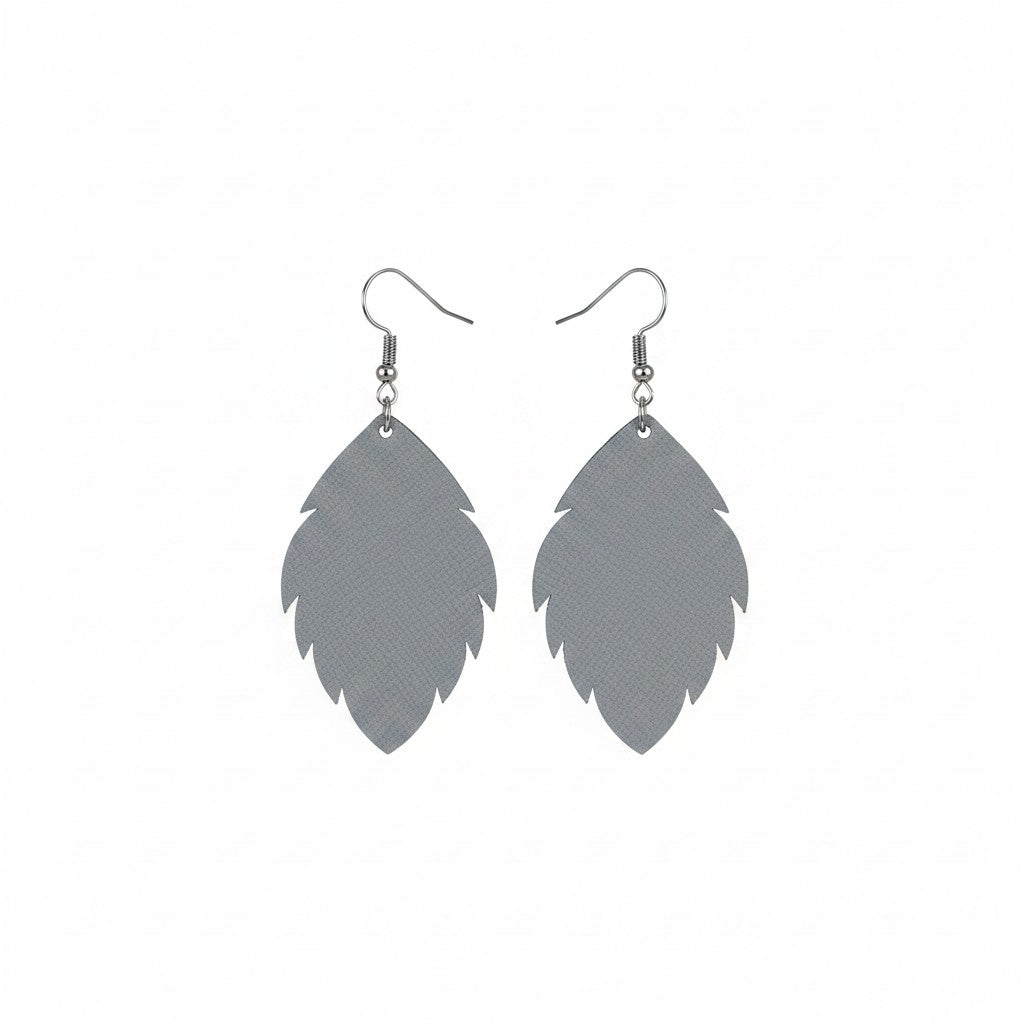 Neutral Grey Embossed Scalloped Leaf Leather Earrings