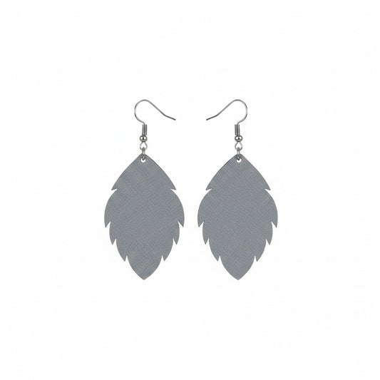 Neutral Grey Embossed Scalloped Leaf Leather Earrings