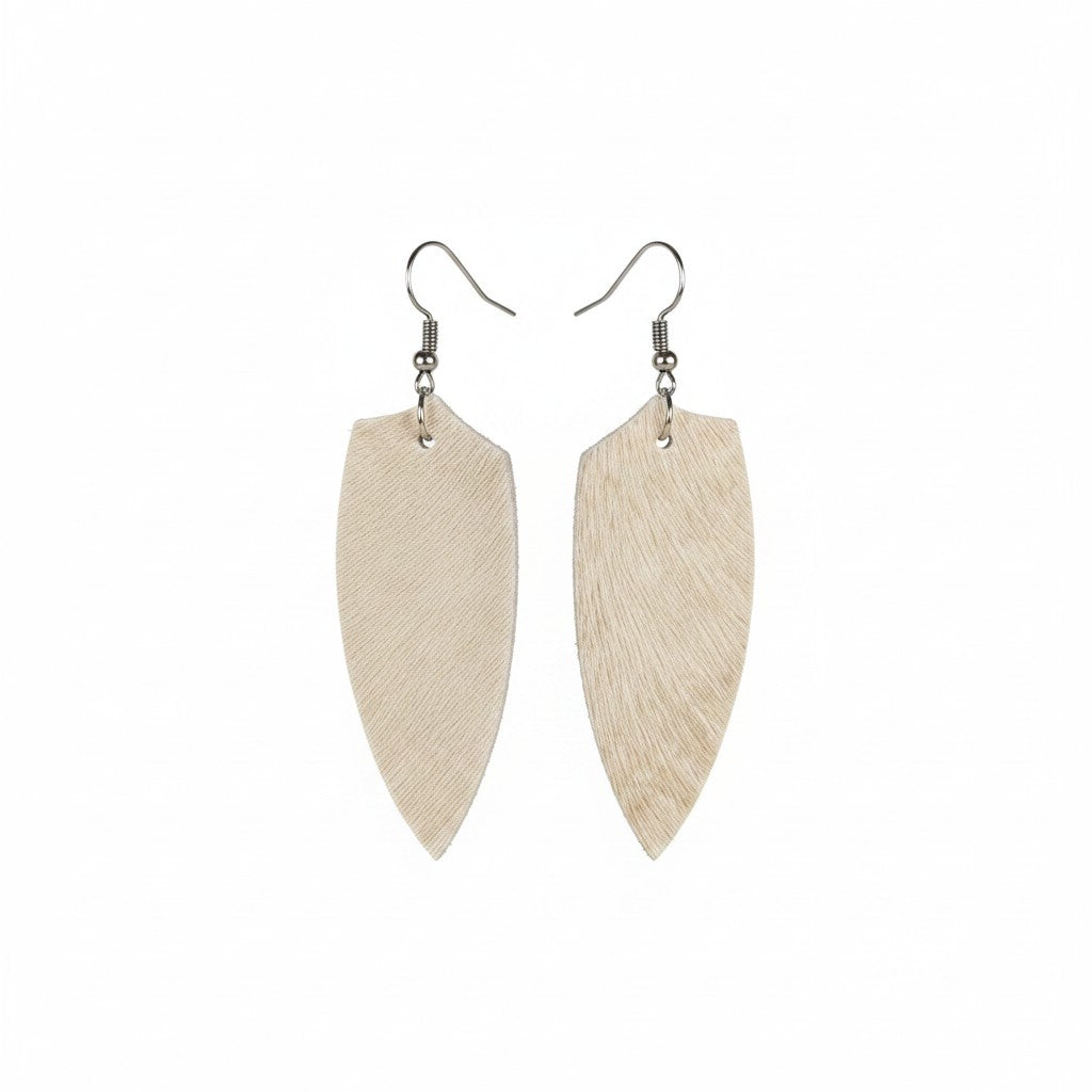 Natural Hair On Slim Leaf Leather Earrings