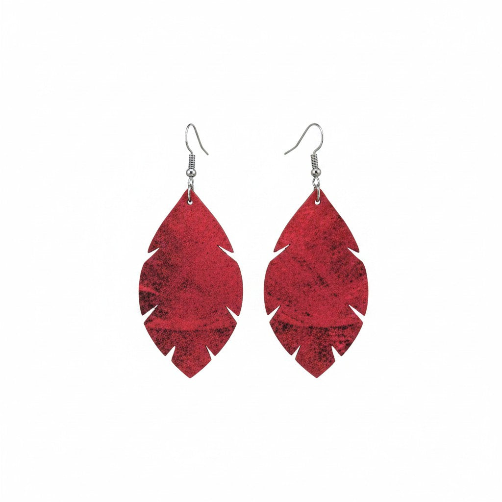 Marbled Red Scalloped Leaf Leather Earrings
