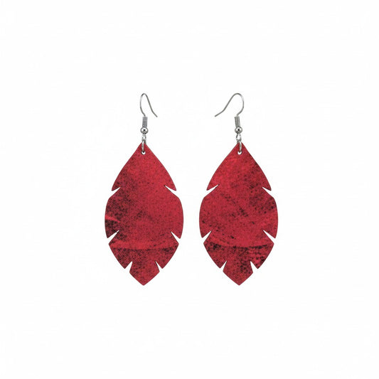 Marbled Red Scalloped Leaf Leather Earrings