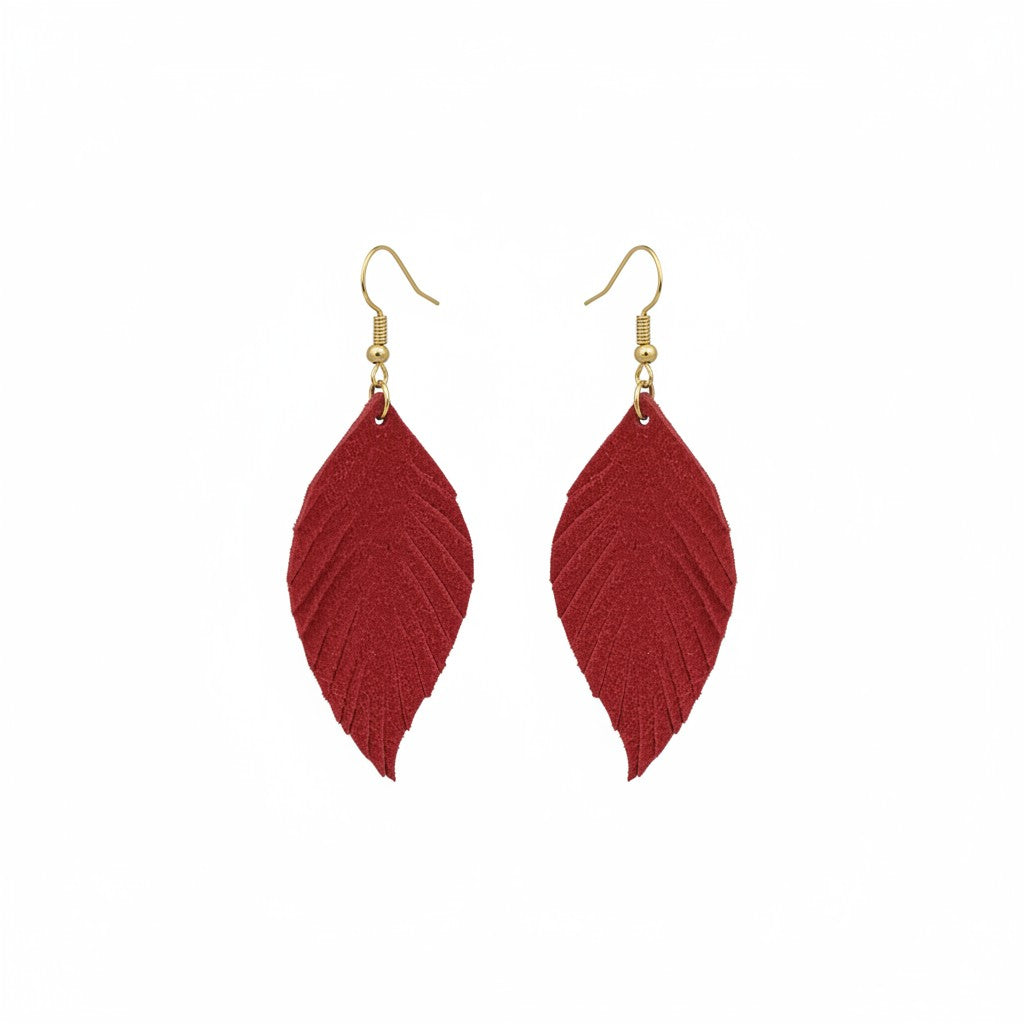 Red Suede Veined Leaf Leather Earrings