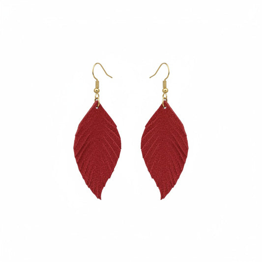Red Suede Veined Leaf Leather Earrings